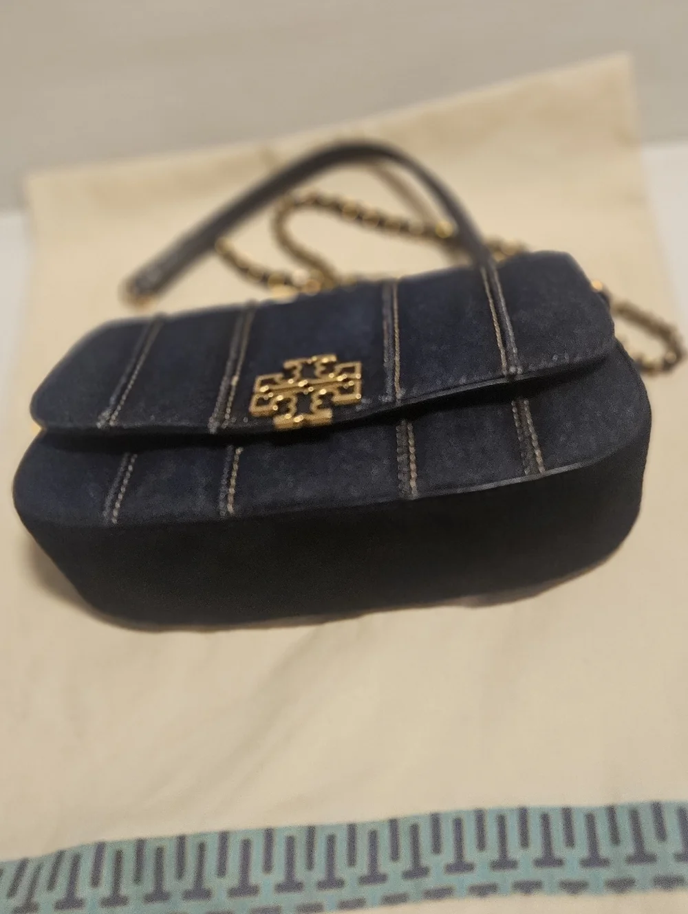 Tory Burch Britten Blue Denim Crossbody & Clutch Bag with Gold Hardware Elegant